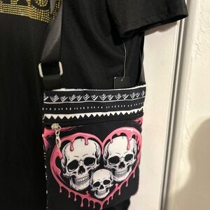Black and Pink Skull Crossbody Bag fabric- Cell Phone Case